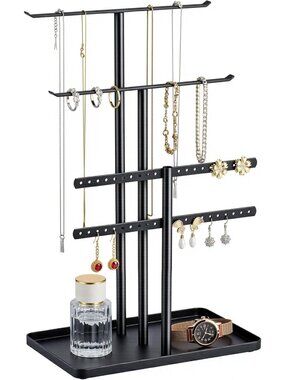 Stylish Black Jewelry Organizer Stand - Holds 80 Pieces, 14.5" Sturdy Design
